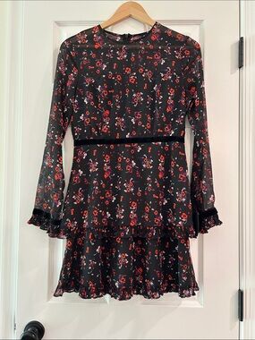 Lulus Black Floral Long-Sleeve Ruffle Dress